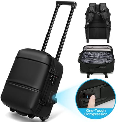 CarryQuest® - Vacuüm Rugzak Trolley Underseat - Handbagage 40x30x20 - Rugzaktrolley met Wielen - Ingebouwde Pomp - Laptopvak 14 inch - USB-C - TSA-slot - Zwart