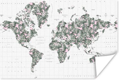 Poster 30x20 cm - Wereldkaart - Planten - Roze - Posters - Kamer decoratie - Wanddecoratie woonkamer - Muurdecoratie slaapkamer