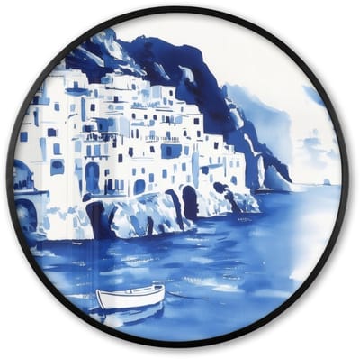 Poster in lijst Rond - Fotolijst 60x60 cm - Posters - Dorp - Rotswand - Roeiboot - Water - Ronde posterlijst zwart - Decoratie - Wanddecoratie woonkamer - Muurdecoratie slaapkamer
