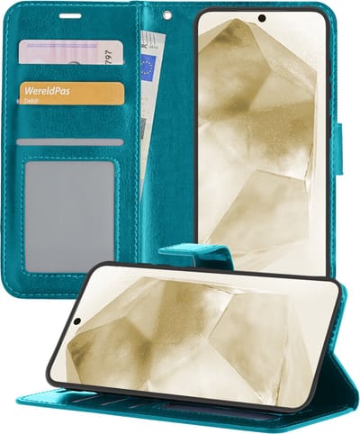 Hoesje - Met Pasjeshouder - Geschikt voor Samsung Galaxy A55 - Luxe Bookcase Portemonee - Flip Case - Kunstleer Book Case - Flipcase - Book Cover - Walletcase - Portemonneehoes - Telefoonhoesjes - Turquoise