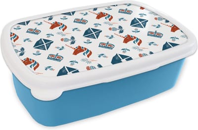 Broodtrommel Blauw - Lunchbox - Brooddoos - Schotland - Patronen - Unicorn - 18x12x6 cm - Kinderen - Jongen