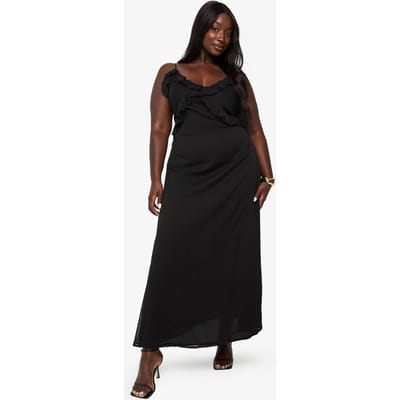 boohoo Dames PLUS CHIFFON RUFFLE MAXI JURK | Black | Maat: 16