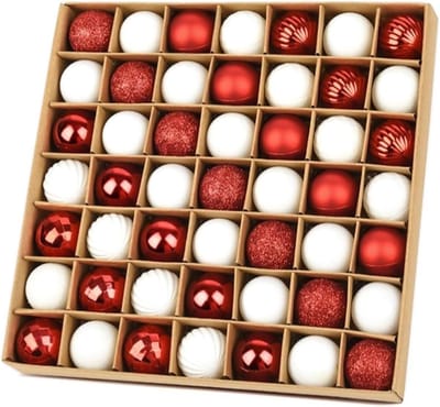 Set van 49 kerstballen in rood en wit, 3 cm, plastic versieringen, schokbestendige kerstdecoraties voor bruiloften, feesten en seizoensgebonden decoratie