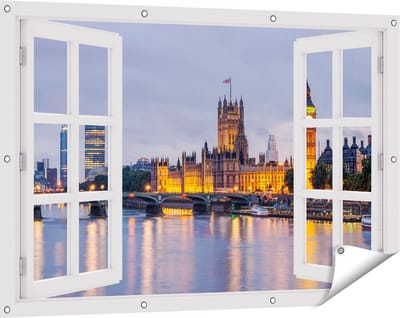 Gards Tuinposter Doorkijk London Big Ben en Westminster Brug - 120x80 cm - Tuindoek - Tuindecoratie - Wanddecoratie buiten - Tuinschilderij