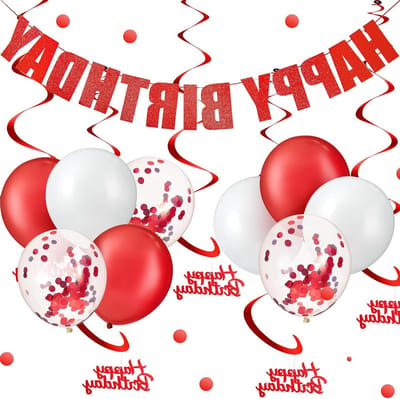 Feestdecoratie Set - Verjaardag Versiering - Feestelijke Aankleding - Compleet Inclusief Banner - 17 Delig - Rood Wit