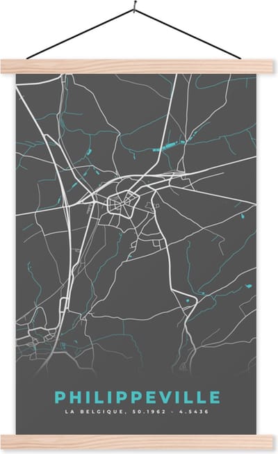 Posterhanger incl. Poster 40x60 cm - Schoolplaat - België – Philippeville – Stadskaart – Kaart – Blauw – Plattegrond - Textielposter - Blanke latten - Stadskaart