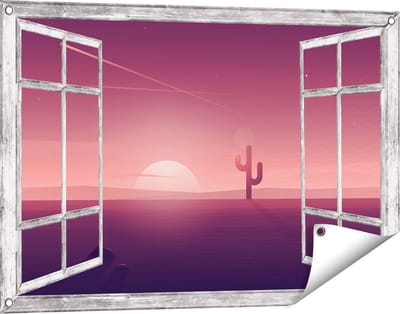 Gards Tuinposter Doorkijk Zonsondergang in de Woestijn met een Cactus - 90x60 cm - Tuindoek - Tuindecoratie - Wanddecoratie buiten - Tuinschilderij