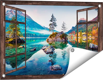 Gards Tuinposter Doorkijk Meer in de Bergen tijdens de Herfst - 60x40 cm - Tuindoek - Tuindecoratie - Wanddecoratie buiten - Tuinschilderij