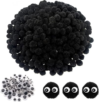 1000 Creatieve Zwarte Fluffy Pompoms van 1 cm met 100 Beweegbare Ogen voor Knutselprojecten, Decoratie en Garlands