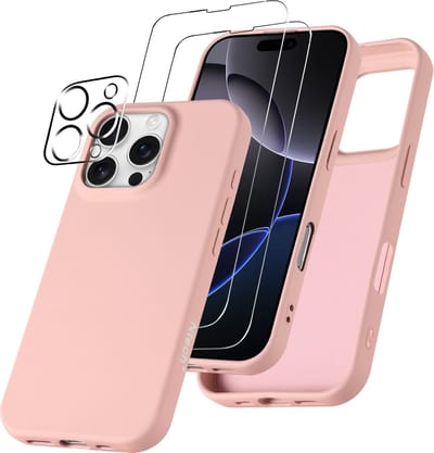 Hoesje Geschikt voor iPhone 16 Pro – Zacht siliconen liquid backcover met 2x screenprotectors gehard glas en 1x lens protector – Zand