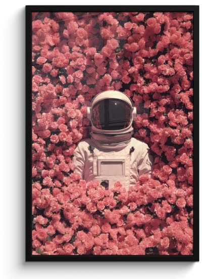 Poster in lijst - Fotolijst 60x90 cm - Posters - Bloemen - Roze - Astronaut - Posterlijst zwart - Decoratie - Wanddecoratie woonkamer - Muurdecoratie slaapkamer