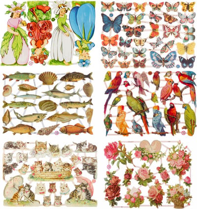 Poëzieplaatjes - 6 VELLEN - Bloemen - Vlinders - Vogels - Vissen - Poezen - Poëziealbum - hobby - creatief - bulletjournaal - vriendenboek - dagboek - decoupage - knutselen - scrapbook
