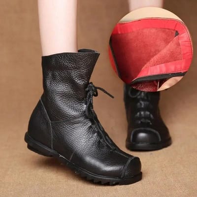 Veterschoenen Platte Vintage Schoenen voor Dames Leer Warme Korte Laarzen Winter Ronde Neus Romeinse Enkellaarsjes Dames Antislip Botas De Mujer 35 black