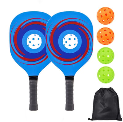Pickleballset bestaande uit twee batjes, vier ballen en een opbergtas – geschikt voor parken en stranden, ontworpen voor gebruik door volwassenen. De batjes worden geleverd met een opbergtas en zijn gemaakt van hout.