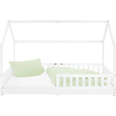 Kinderbed huisbed 90x200 cm wit gemaakt van dennenhout incl. matras H-10cm uitvalbeschermend dak en lattenbodem ML-Design