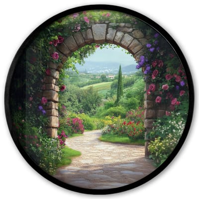 Poster in lijst Rond - Fotolijst 40x40 cm - Posters - Doorkijk - Landschap - Bloemen - Pad - Uitzicht - Ronde posterlijst zwart - Decoratie - Wanddecoratie woonkamer - Muurdecoratie slaapkamer