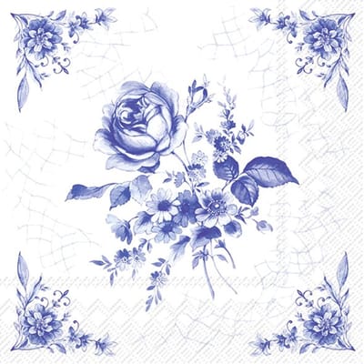 IHR Lunch servetten - Rose on Tile White Blue - 20 stuks - Roos - Delfts Blauw - Tafeldecoratie - Blauw Wit - Decoupage - Geschenkenlaantje