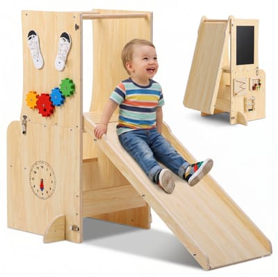 Cavedo® 4-in-1 Leertoren met Glijbaan Peuter - Inklapbaar Kinderbureau met Montessori Spellen - Keukenhulp Opvouwbaar - Opstapje - Houten Kindertafel - Speelgoed vanaf 1 Jaar