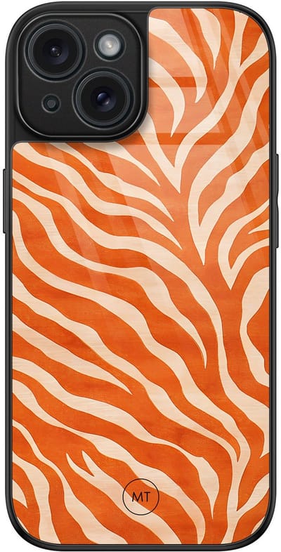 Hoesje geschikt voor iPhone 15 - Zebra oranje - Luxe Hard Case - Print - Oranje - Mooie Telefoonhoesjes