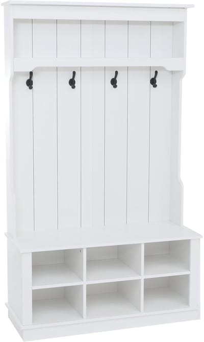 Garderobekast MCW-P26, halgarderobekast, houten garderobekast met zitbank, 4 haken, opbergvak, melamine, 170 x 100 x 39 cm ~ wit