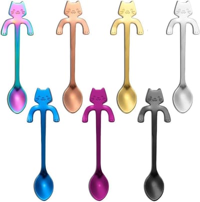 Set van 7 RVS Theelepels met Hangend Ontwerp voor Dessert en Koffie, Perfect voor Kattenliefhebbers