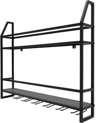 Delightness Wijnrek - Wijnhouder - Wandrek - Glazenhaken - Glaswerk - Flessenhouders - 2 laags - 30kg Draagvermogen - Bar - Zwart