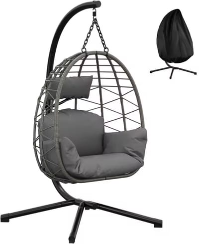 SOLEA Hangstoel met standaard - Eierschommelstoel - Voor Binnen en Buiten - Inclusief Kussens & Hoes - Grijs - 130KG draaggewicht
