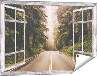 Gards Tuinposter Doorkijk Highway in Californië Omring met Bos - 90x60 cm - Tuindoek - Tuindecoratie - Wanddecoratie buiten - Tuinschilderij