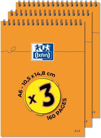 Set van 3 Notitieblokken A6, Oranje, Kleine Ruit (5mm), 80 Vellen, Voor School & Kantoor