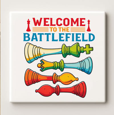 “Welcome to the Battlefield” Schaaktegel – 15x15cm Kleurrijke Keramische Muurdecoratie, Perfect Cadeau voor Schaakliefhebbers of Spelkamer Decoratie