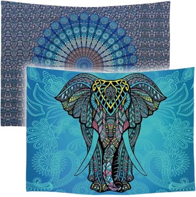 Ulticool – Wandkleed - Mandala en Olifant Bohemian Hippie Ibiza Style - Set van 2 designs – 73 cm x 95 cm – Schilderij Wandtapijt Stof – Poster Art – Blauw