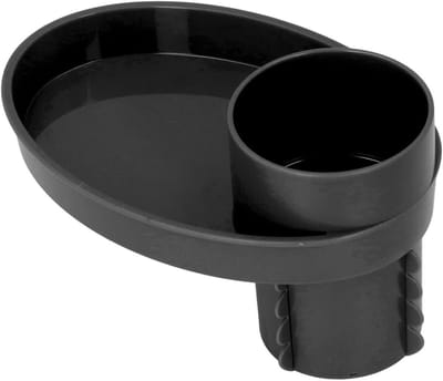 Draagbare multifunctionele snacktray voor onderweg met draaibare bekerhouder en opbergruimte voor speelgoed en accessoires in zwart
