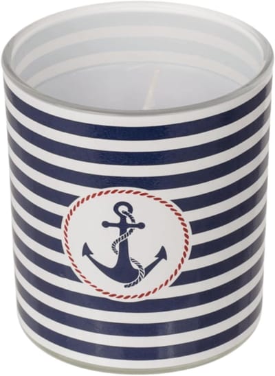 Seaside No.64 - Kaars in maritiem glas met motieven - in 4 verschillende uitvoeringen - anker, vuurtoren, golven, blauw, wit, strepen - Noordzee, Oostzee, zee, vakantiegevoel (anker, gestreept)