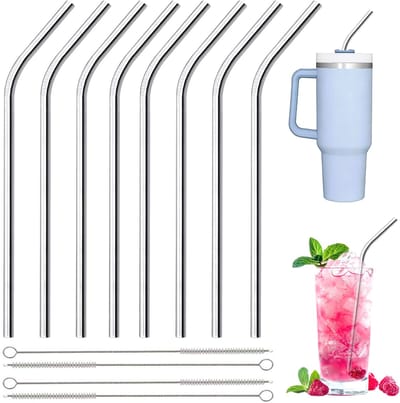 Rietjes — 8-delige set (inclusief 4 reinigingsborsteltjes) — Gebogen ontwerp — Stevig & duurzaam — Eenvoudig te reinigen — Herbruikbaar — Veelzijdig in gebruik — Geschikt voor waterglazen, cocktails, koffie en melk —S — 21,5 × 0,6 cm