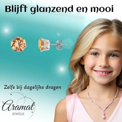 Aramat Jewels | Oorbellen | Stalen Oorstekers met Champagne Zirkonia - Rond | 3mm | | | Staal | Kinderen, Volwassenen | Verkleurd niet