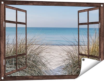 Gards Tuinposter Doorkijk Strand en Zee vanuit de Duinen - 90x60 cm - Tuindoek - Tuindecoratie - Wanddecoratie buiten - Tuinschilderij