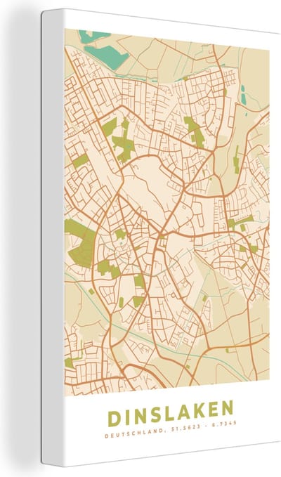 Canvas Schilderij Plattegrond - Dinslaken - Kaart - Stadskaart - Vintage - 20x30 cm - Wanddecoratie