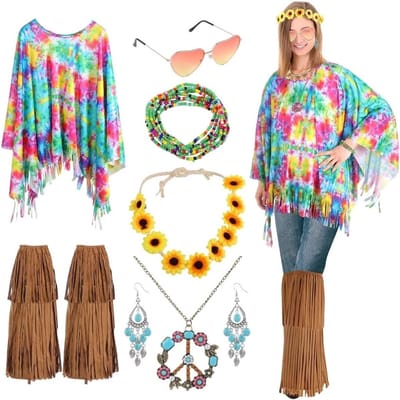 Hippie Kostuum Accessoires Set voor Vrouwen - 7-delige Outfit Kit met Tie Dye Poncho, Fringed Boot Covers, Vredesteken Ketting en Zonnebril voor 60s en 70s Feestjes