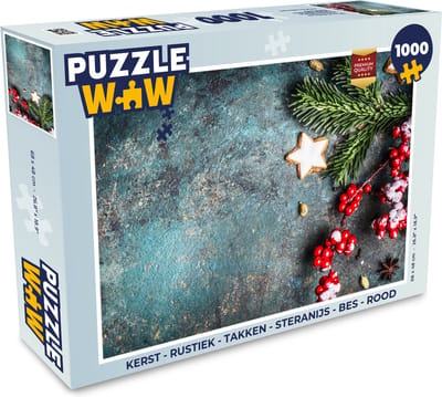 Puzzel Kerst - Rustiek - Takken - Steranijs - Bes - Rood - Legpuzzel - Puzzel 1000 stukjes volwassenen - Kerst - Cadeau - Kerstcadeau voor mannen, vrouwen en kinderen