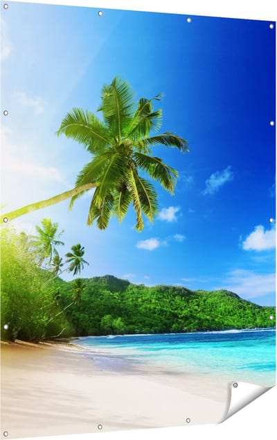 Gards Tuinposter Strand tijdens Zonsondergang in Seychellen - 120x160 cm - Tuindoek - Tuindecoratie - Wanddecoratie buiten - Tuinschilderij