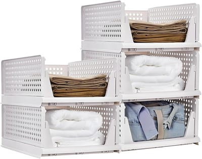 Famanu - Kast Organizer Set 5 stuks, stapelbare garderobe organizers voor kledingkast, keuken, badkamer en kantoor, multifunctionele opbergdozen, wit