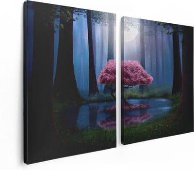 Artaza Canvas Schilderij Tweeluik Roze Boom Op Een Vijver In De Nacht - 120x80 - Foto Op Canvas - Canvas Print