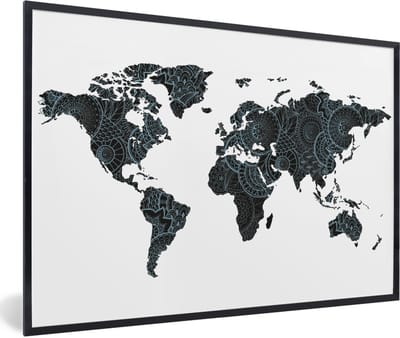 Poster in lijst - Fotolijst 120x80 cm - Posters - Wereldkaart - Mandala - Blauw - Kindje - Jongen - Meid - Posterlijst zwart - Decoratie - Wanddecoratie woonkamer - Muurdecoratie slaapkamer
