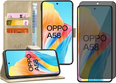 Hoesje geschikt voor Oppo A58 4G - Privacy Screenprotector Volledig Dekkend Glas - Portemonnee Book Case Goud