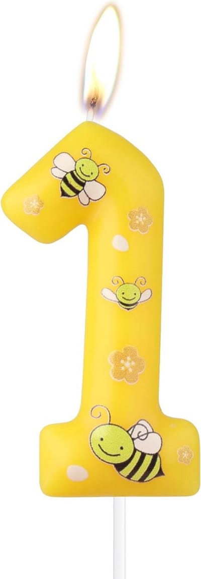 Verjaardagskaars Nummer 1 - Bijentaart Decoratie - Eerste Verjaardag Vieren - Schattig Bijen Design - 11 cm Hoog - Geel