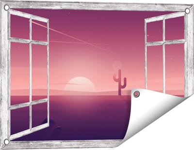 Gards Tuinposter Doorkijk Zonsondergang in de Woestijn met een Cactus - 60x40 cm - Tuindoek - Tuindecoratie - Wanddecoratie buiten - Tuinschilderij