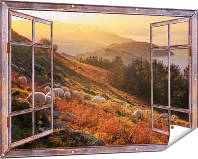 Gards Tuinposter Doorkijk Schapen in de Bergen - 150x100 cm - Tuindoek - Tuindecoratie - Wanddecoratie buiten - Tuinschilderij