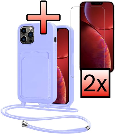 Hoes Geschikt voor iPhone 13 Pro Hoesje Pasjeshouder Cover Met Koord Case Siliconen Hoes Met Telefoonkoord en Kaarthouder Met 2x Screenprotector - Lila