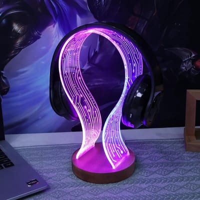 Houten Hoofdtelefoonstandaard met LED-nachtlampje - Perfect voor Gamers en Muziekliefhebbers