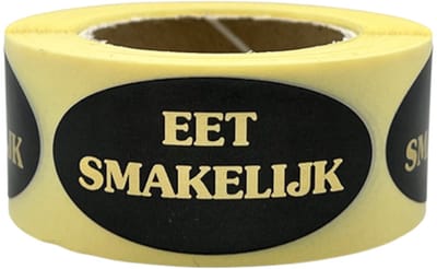 Eet smakelijk sticker - 250 Stuks - 25x50mm - ovaal - goud - zwart - reclame-etiket - food sticker - voedseletiket - HACCP